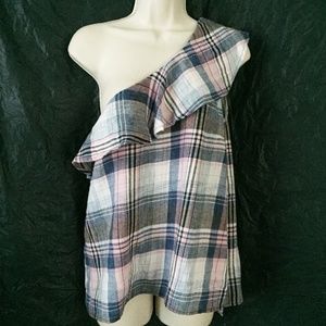 Cloth & Stone Plaid Ruffle One Shoulder Top